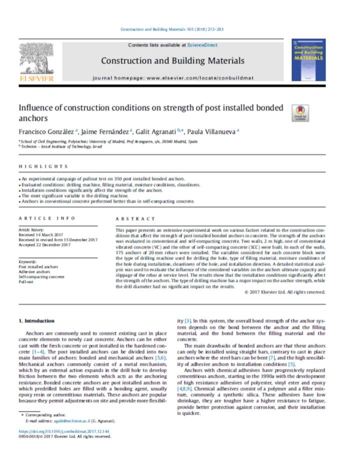 influence of construction conditions on strength of post installed bonded anchors